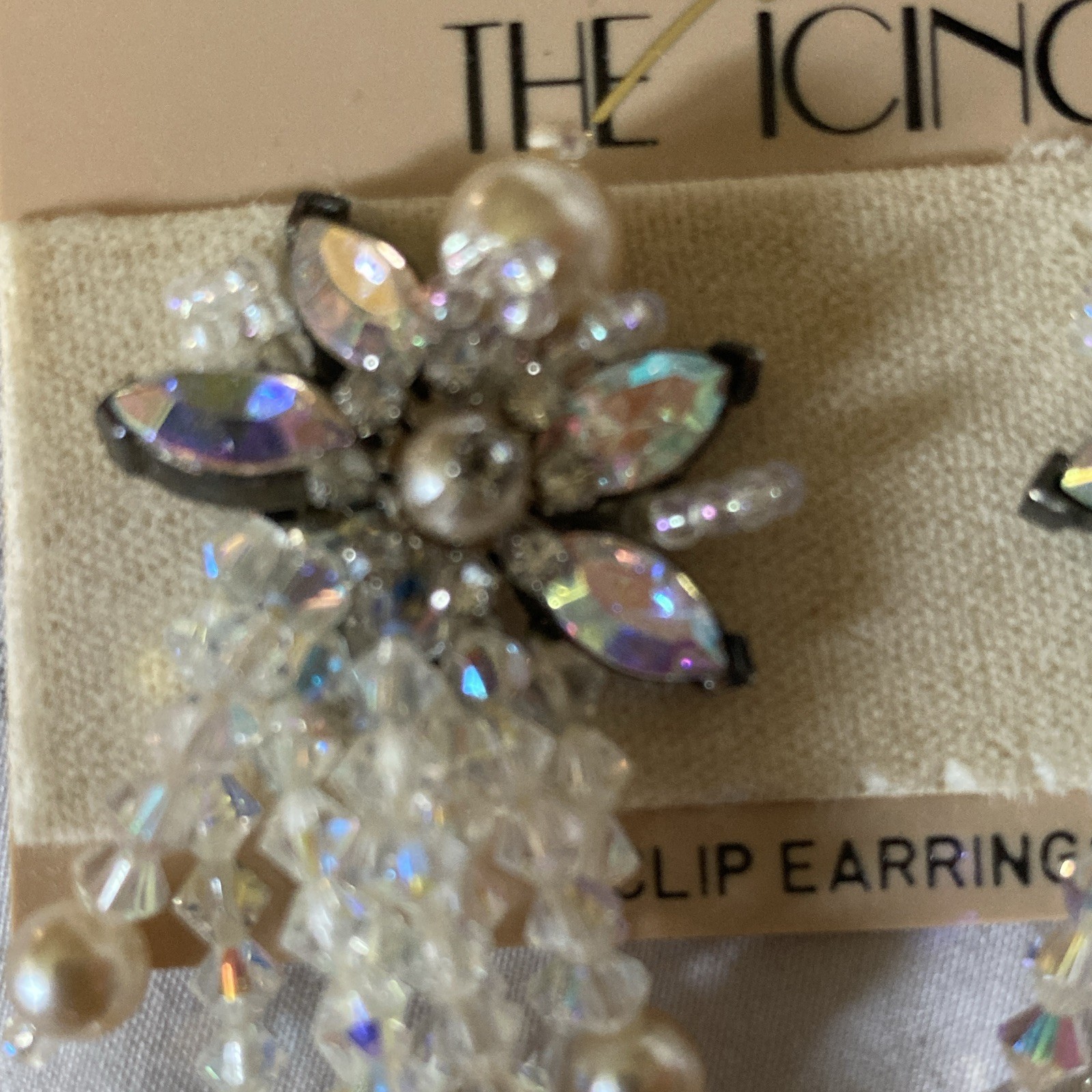 The Icing Crystal Rhinestone Faux Pearl Flower Cluster Clip-On Dangle Earrings