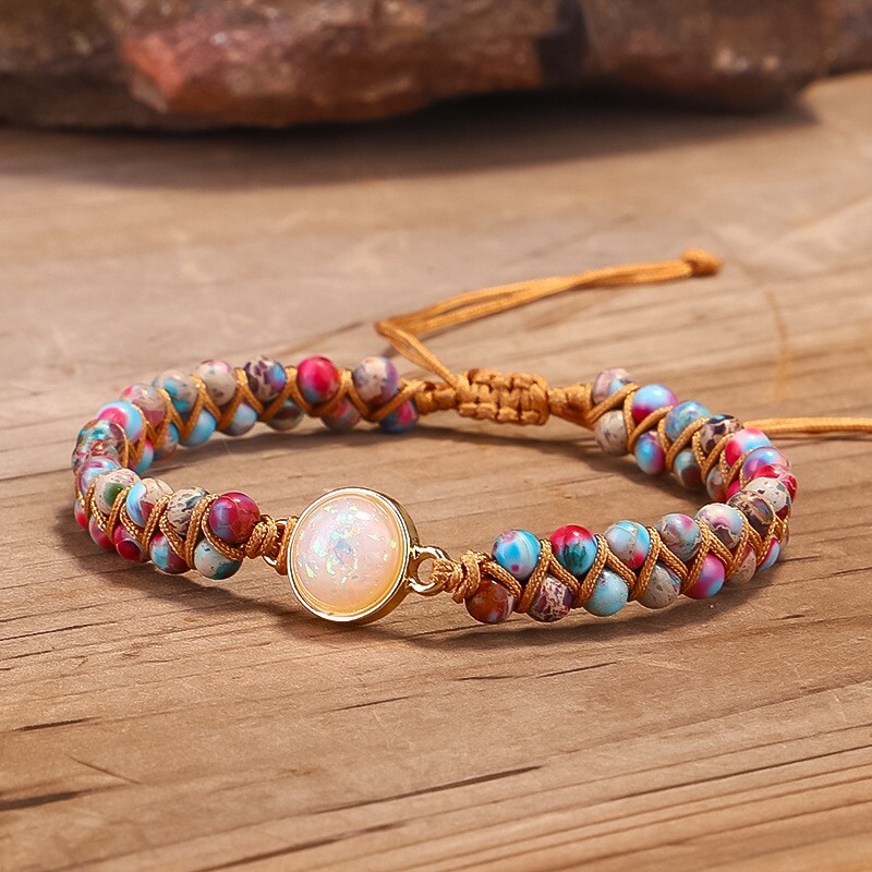 Natural Opal Imperial Jasper Stone Braided Bracelet for Spiritual Healing