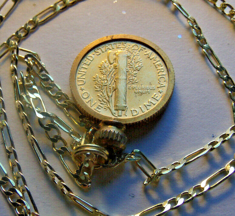 Genuine Gold Plated Mercury Dime Pendant and 18kgf 22″ Gold Filled Link Chain.