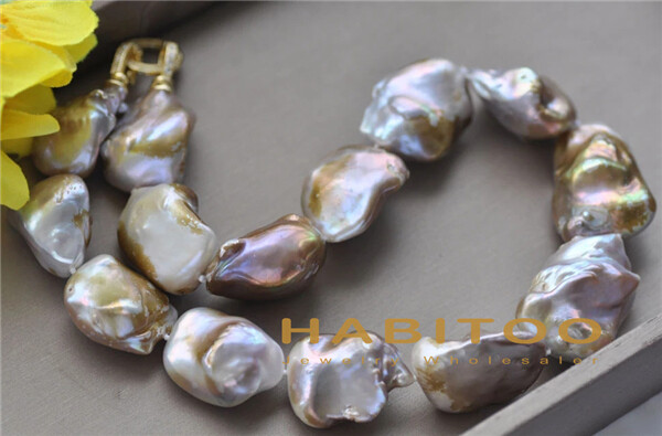 Huge 17″ 20mm Peacock-Lavender Baroque Keshi Reborn Pearl Necklace CZ