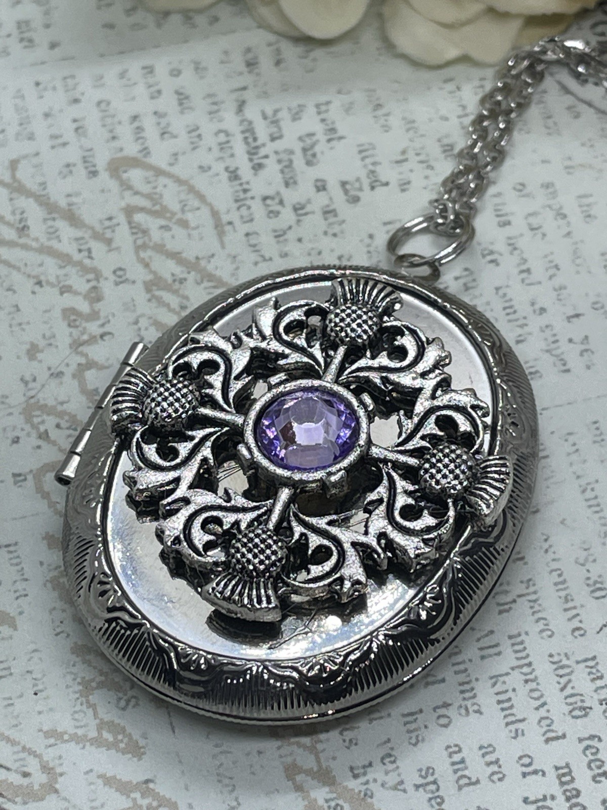 Silver Purple SCOTTISH THISTLE Scotland LOCKET NECKLACE CAMEO PHOTO CELTIC gift