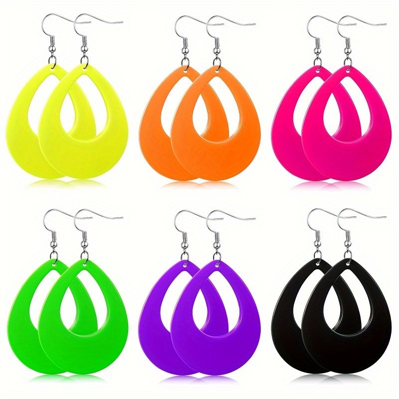 6 Pairs of Neon-themed Party Pendant Earrings, Teardrop-shaped Earrings