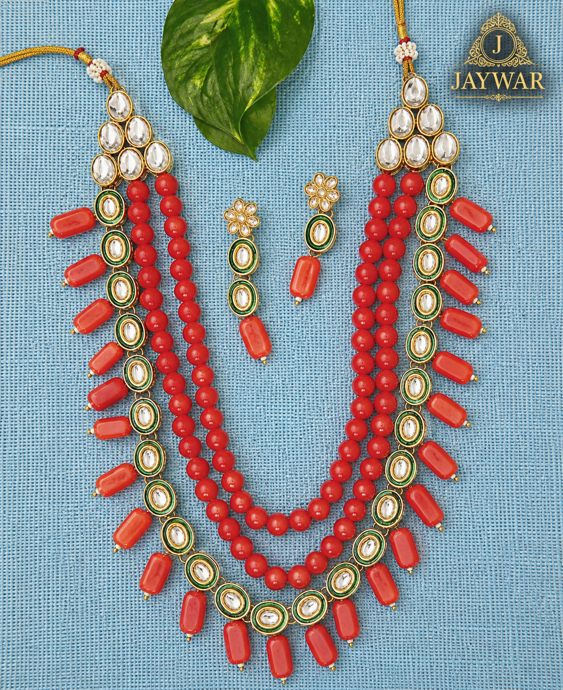 Jaywar Coral Orange Beaded Layered Necklace Set with Matching Earrings
