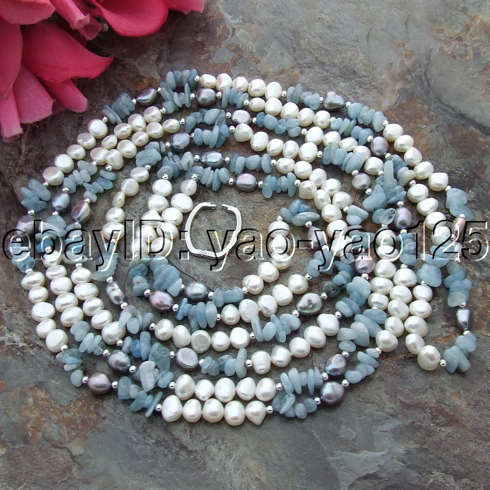 93″ White Baroque Pearl Blue Aquamarine Necklace
