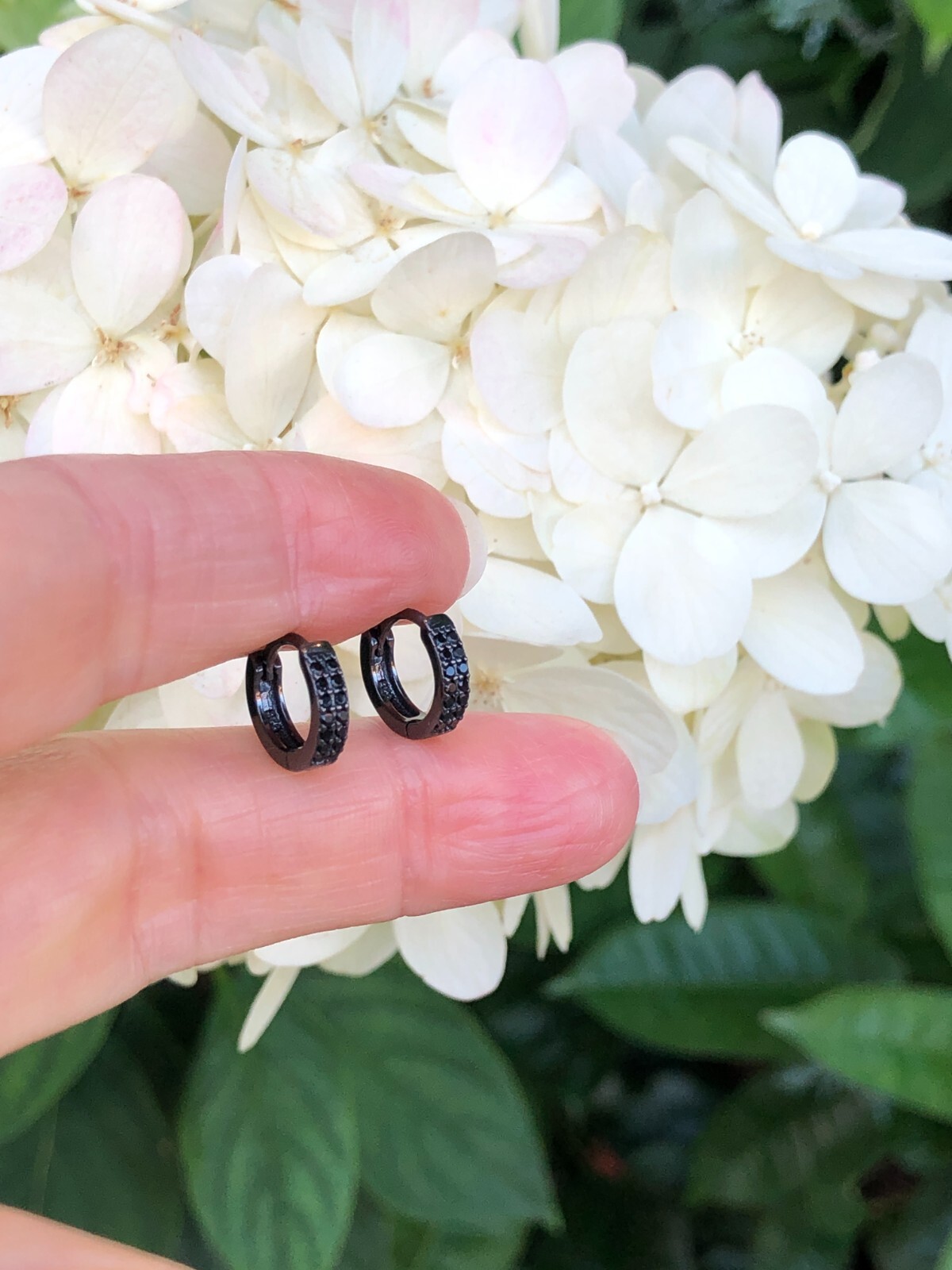 925 Sterling Silver Cz Black Onyx Huggie Hoop Earrings Mens Women 10mm x 2.2mm
