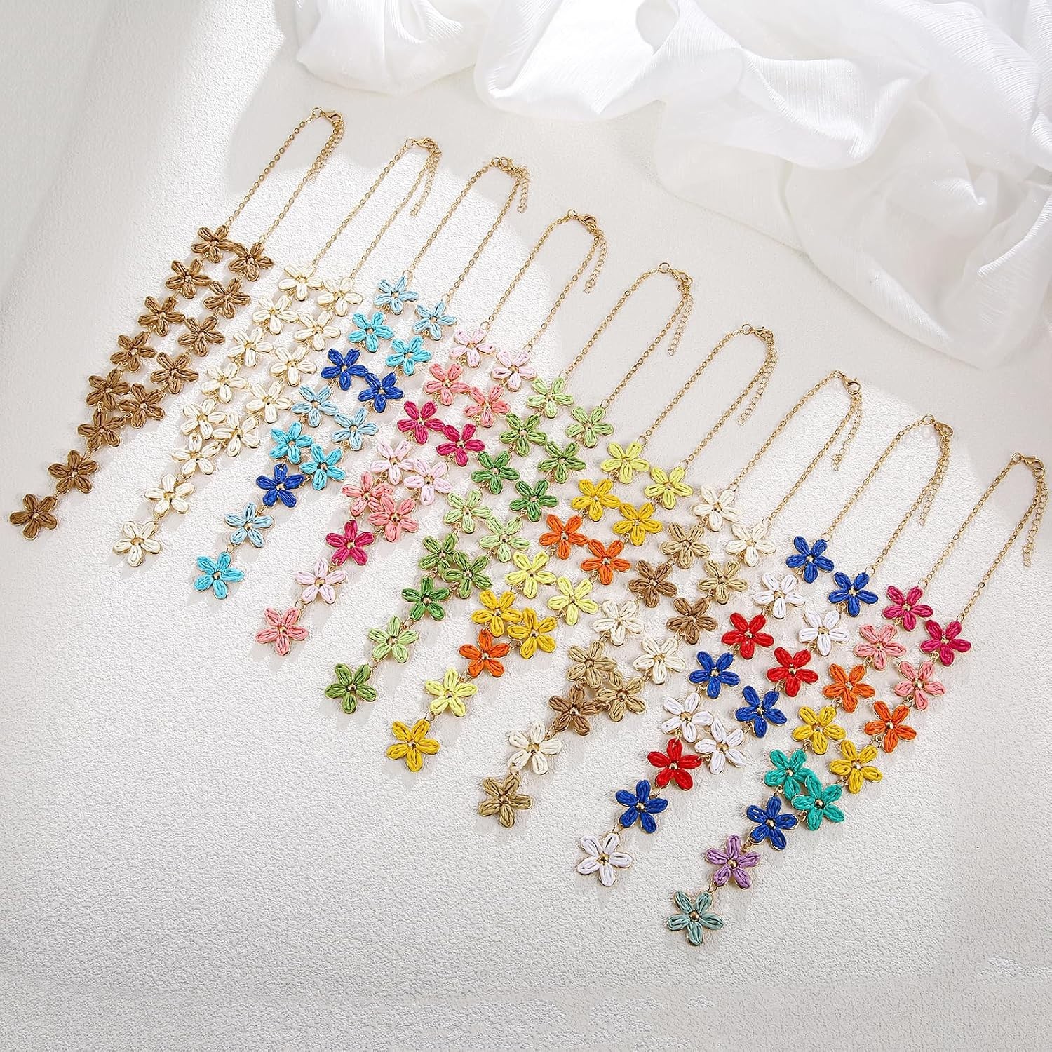 Gold-Tone Y-Shape Raffia Necklace – Cheerful Botanical Jewelry Statement Piece