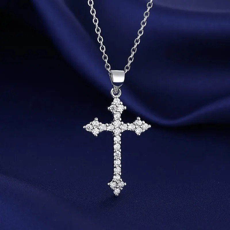Cross necklace pendant with simulated lab diamonds 925 sterling White Gold