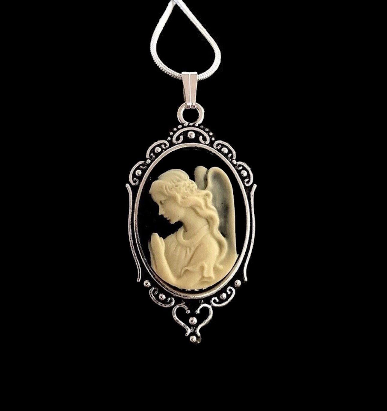 Praying Angel Cameo Necklace, Cream on Black Vtg Pendant, Sterling Silver Chain