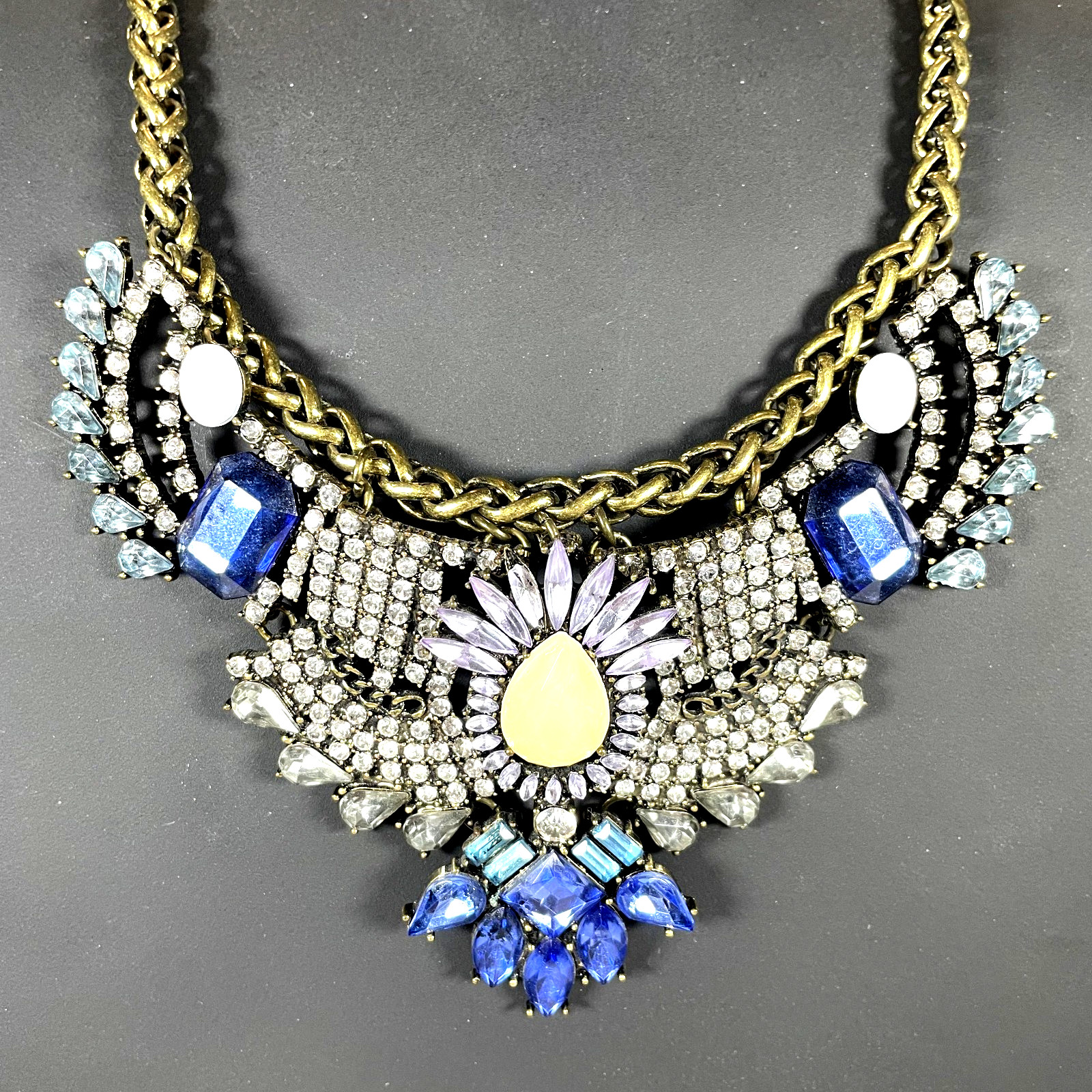BaubleBar Statement Necklace Blue Crystal Rhinestone Bib Antique Bronze Choker