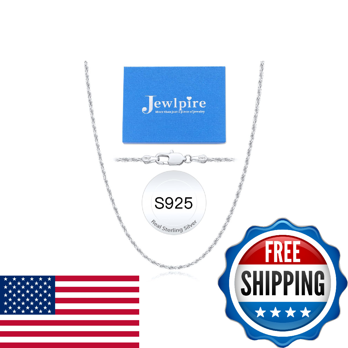 Jewlpire 925 Sterling Silver Chain Necklace For Women 2Mm Rope Chains Silver
