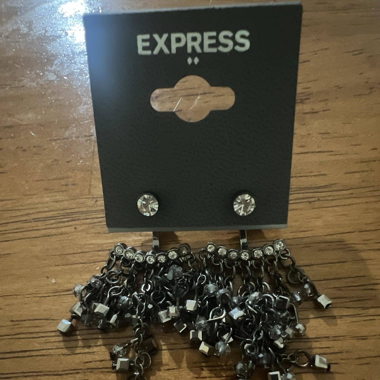 Express Silver Tone Rhinestone Crystal Stud Chain Dangle Drop Earrings Black
