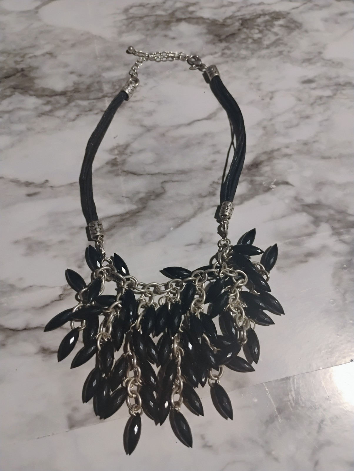 Black & Silver Tone Leaf Dangle Charm Statement Necklace Link Chain Adjustable