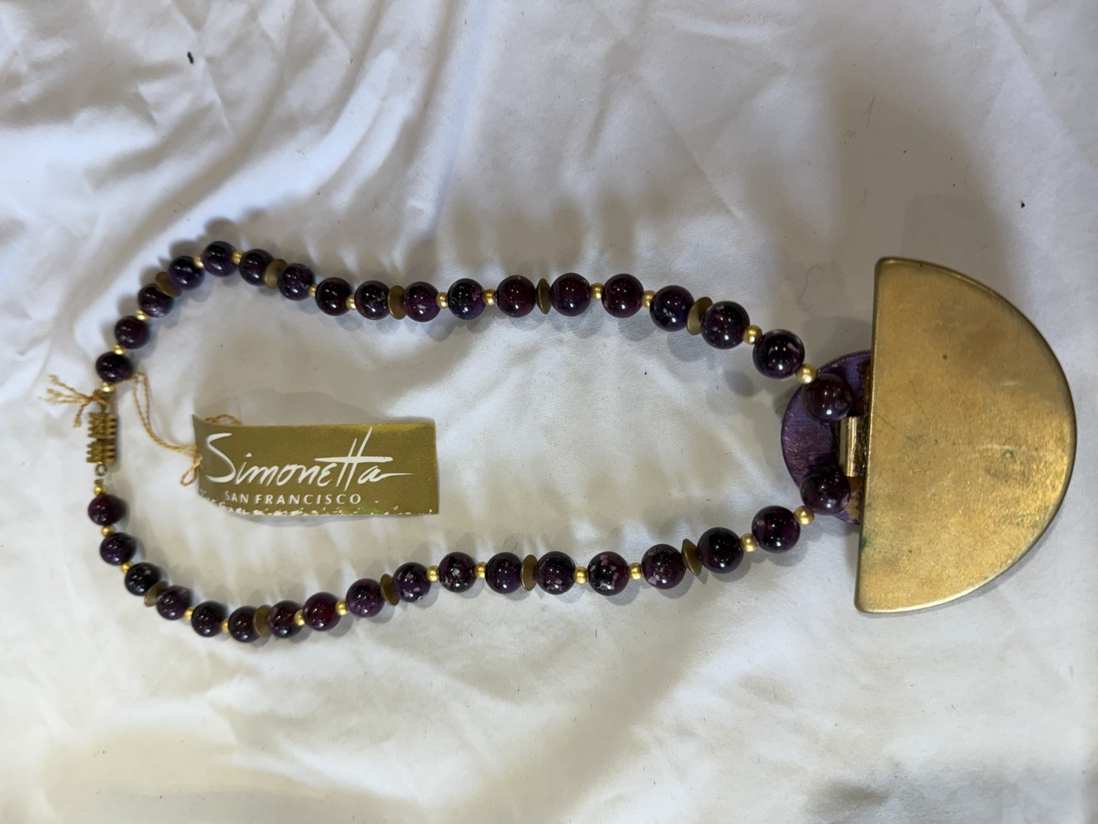 Simonetta San Francisco Purple Beaded Necklace Gold Asymmetrical Amulet Pendant