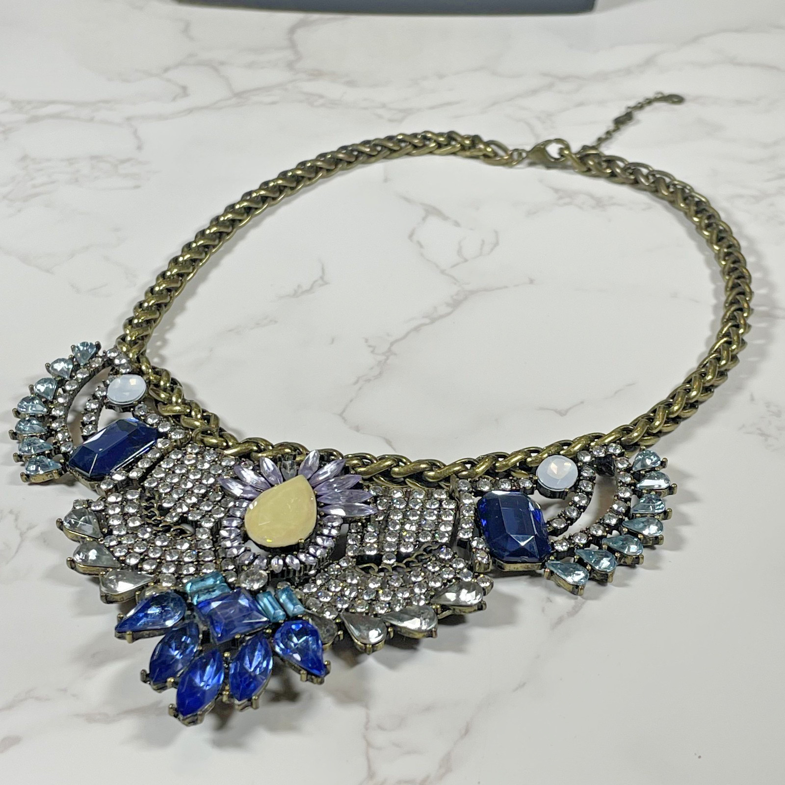 BaubleBar Statement Necklace Blue Crystal Rhinestone Bib Antique Bronze Choker