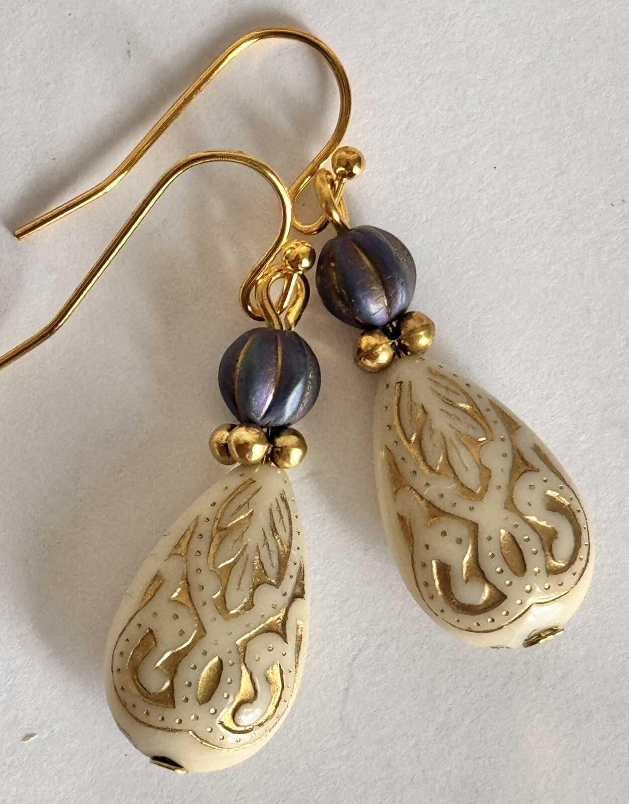 Beautiful Gold, Iridescent Blue and Etched Ivory Teardrop Dangle Earrings