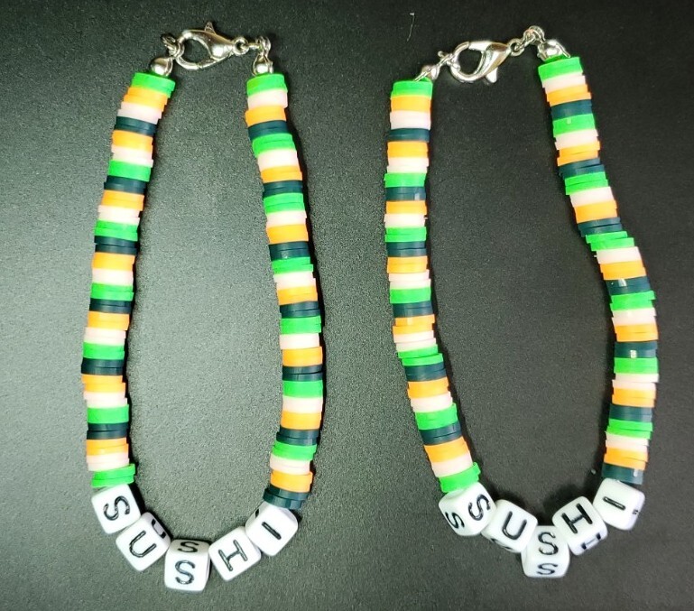 Lot of 2 Clay Beads “Sushi” Pair Friends Bracelet Green/Orange, 6 in Long New