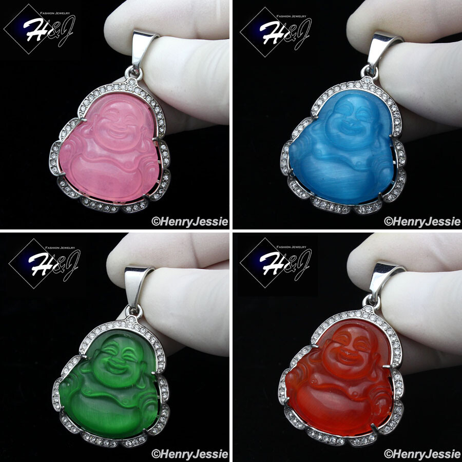 MEN WOMEN Stainless Steel Black/Blue/Pink Rhinestone Silver Buddha Pendant*P117