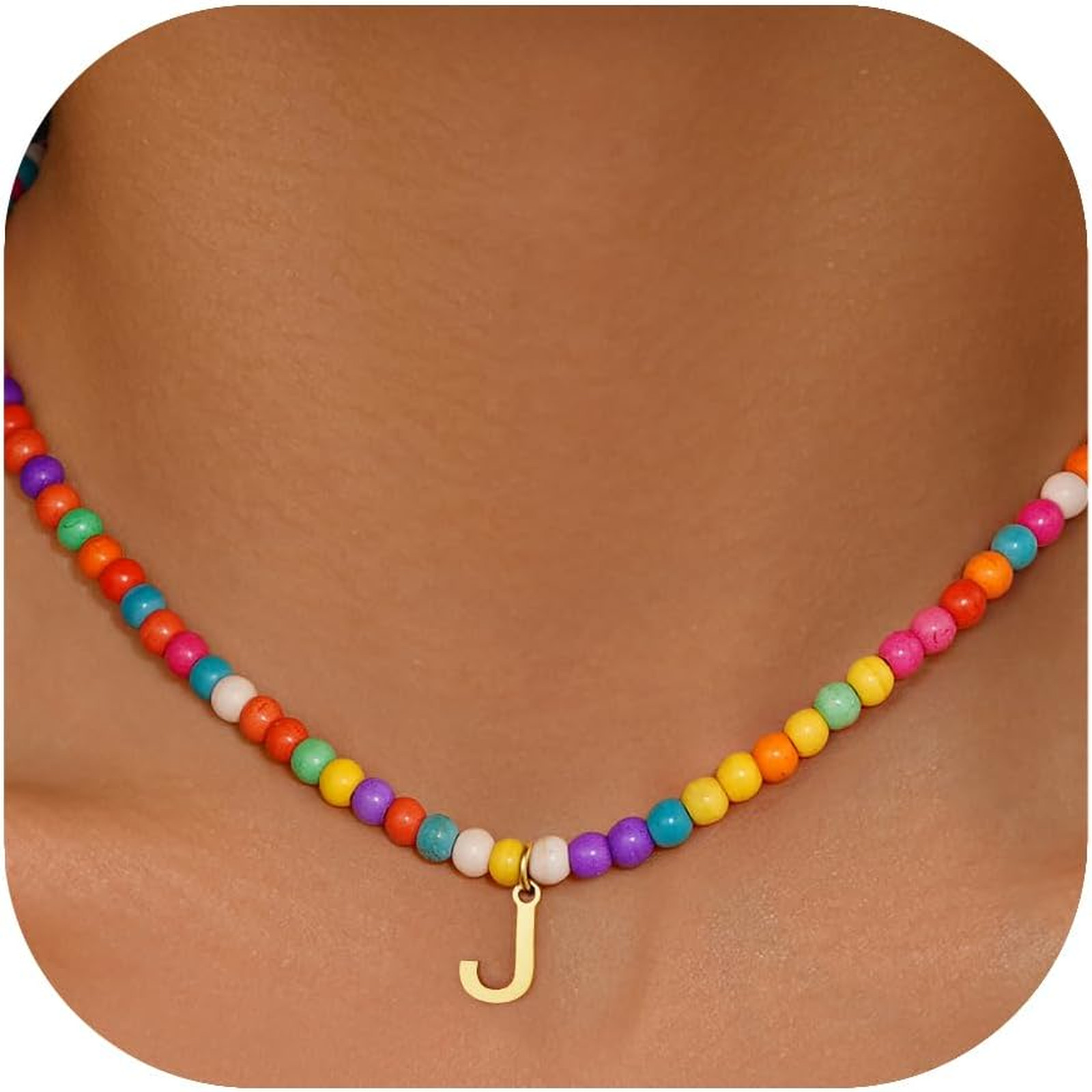 Colorful Initial Necklace for Girls Women Kids, Beaded Pendant, 16 Plus 2 Inch