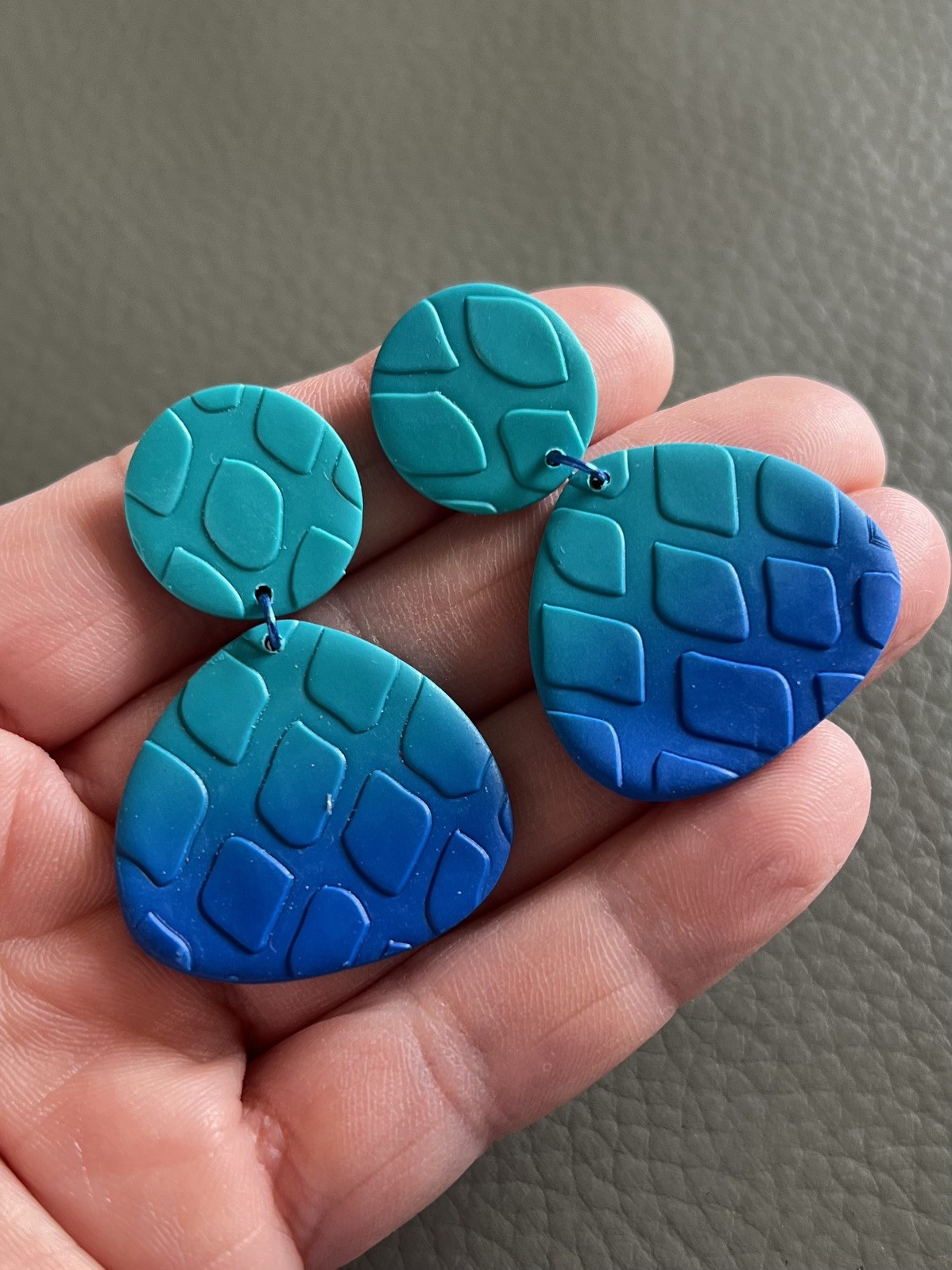 Teal & Blue Ombre Polymer Clay Earrings – Matte Geometric Statement Earrings