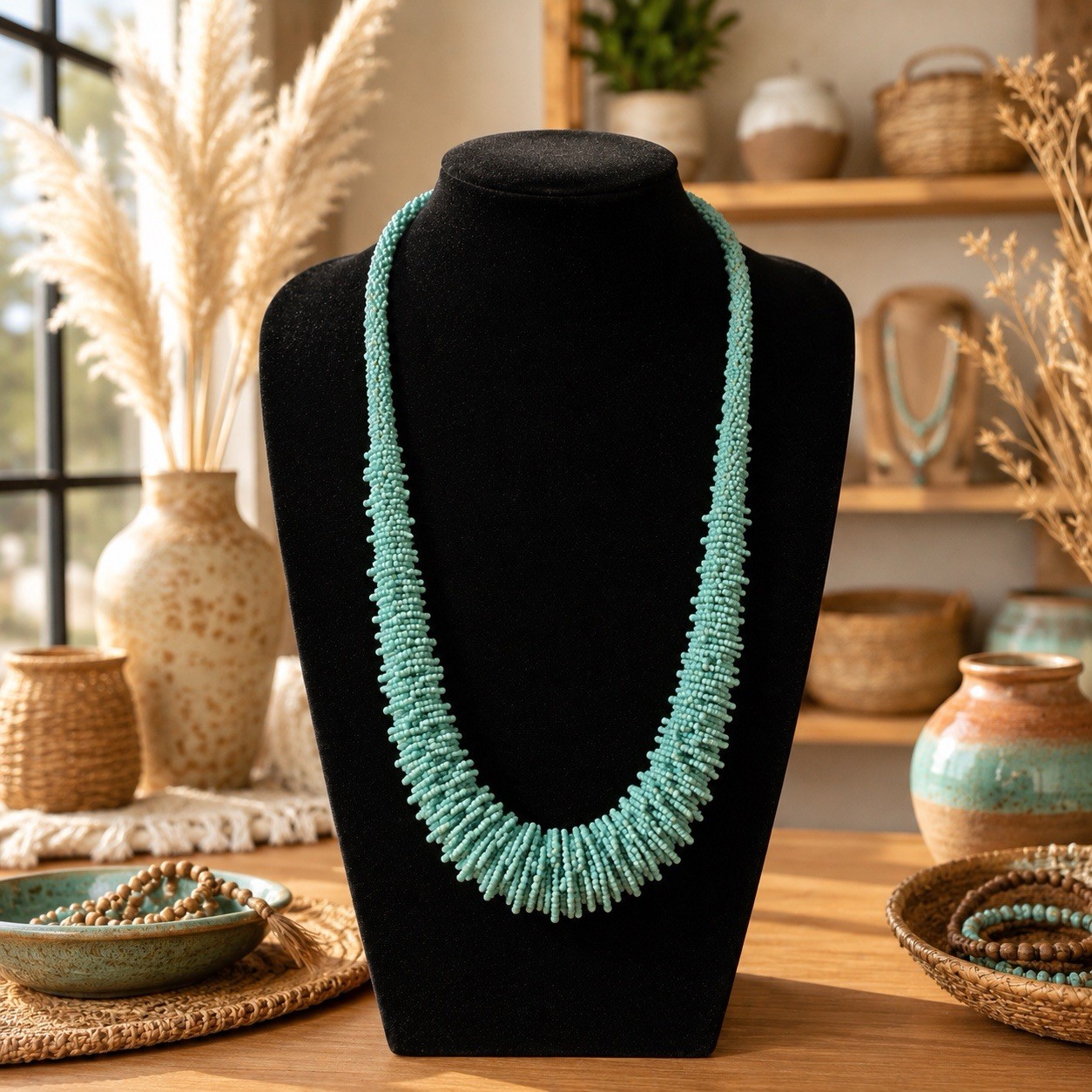 Vintage 33” Turquoise Blue Glass Seed Bead Ruffle Collar Necklace Boho Statement