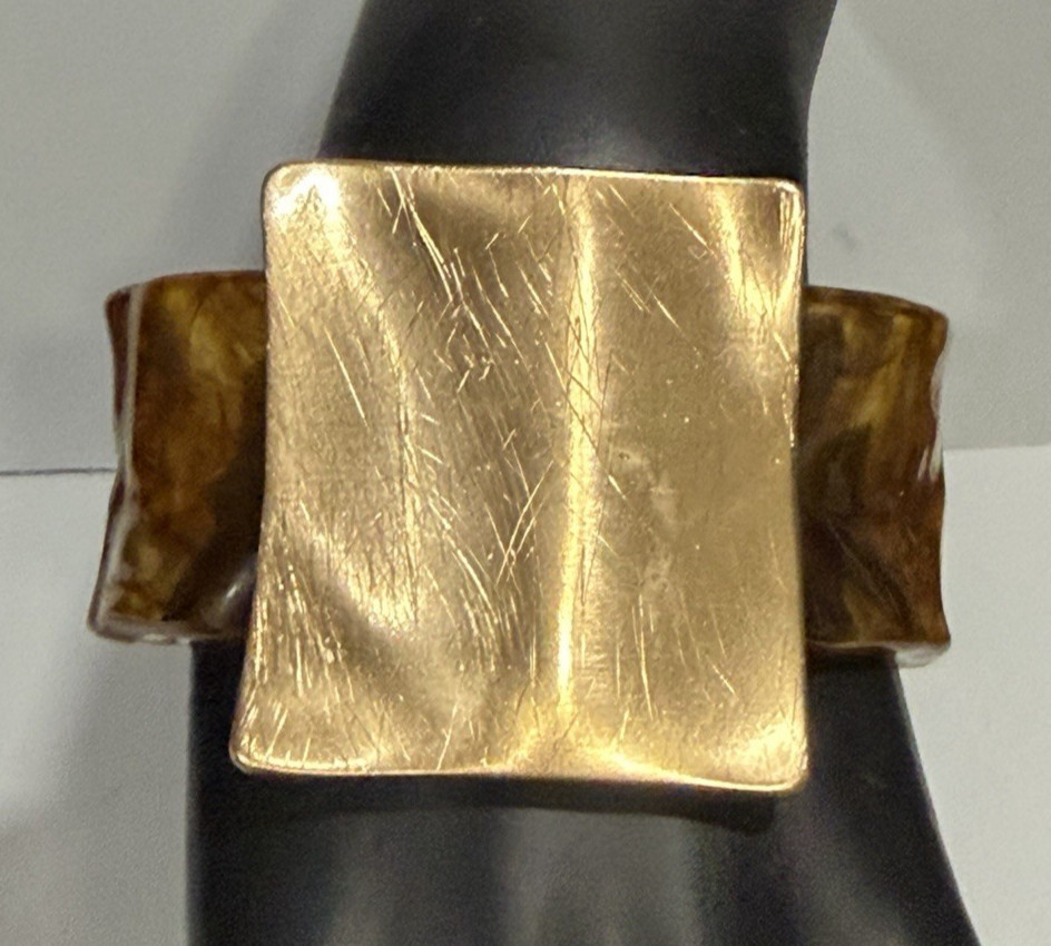 Chunky Brown Swirl Acrylic Brushed Gold Tone Metal Cuff Bracelet Statement