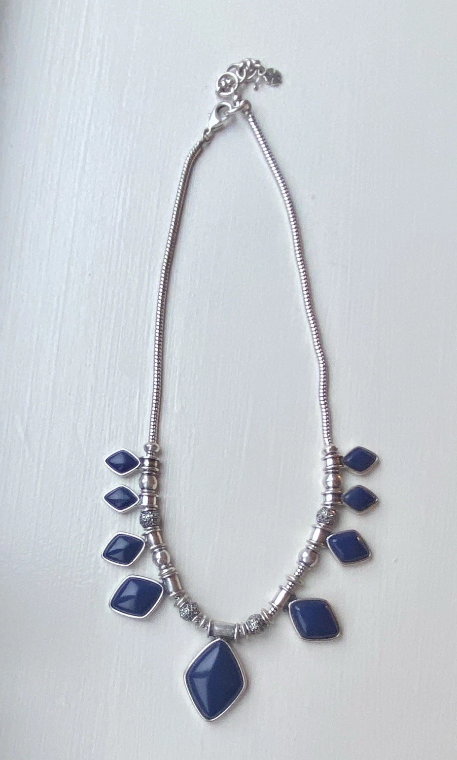 Silver Tone Snake Chain Necklace, Navy Blue Geometric Pendant, Lobster Clasp