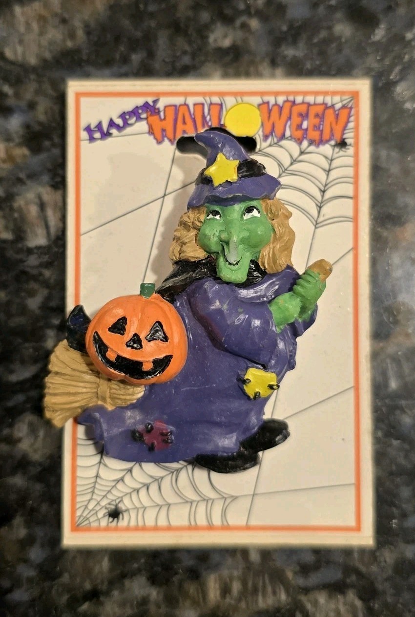Vintage Happy Halloween Witch Jack-o-lantern Pin Brooch 80s 90s New Old Stock