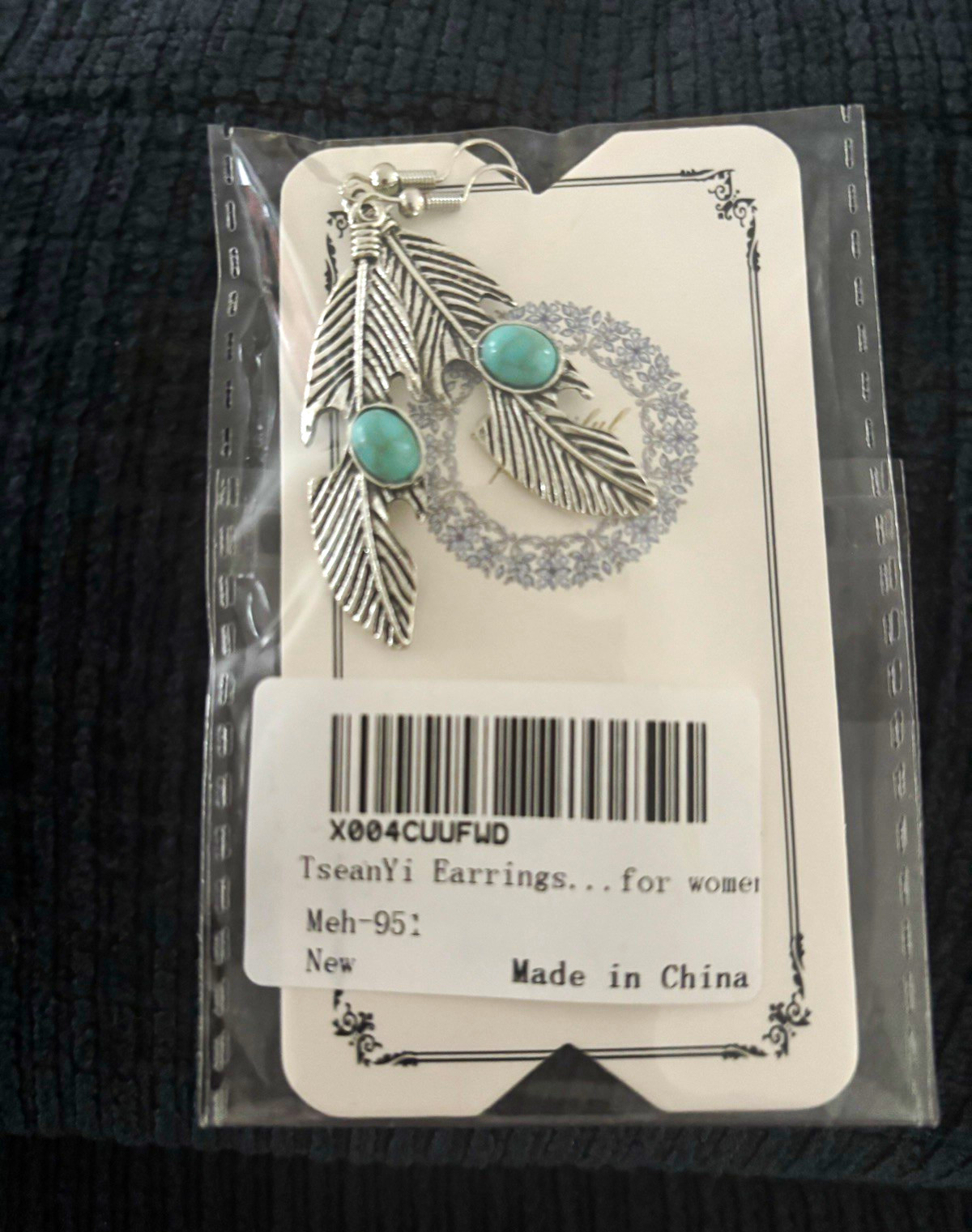 Feather Dangle/Drop Hook Earrings Silver Tone Blue Round Cabochon Bezel