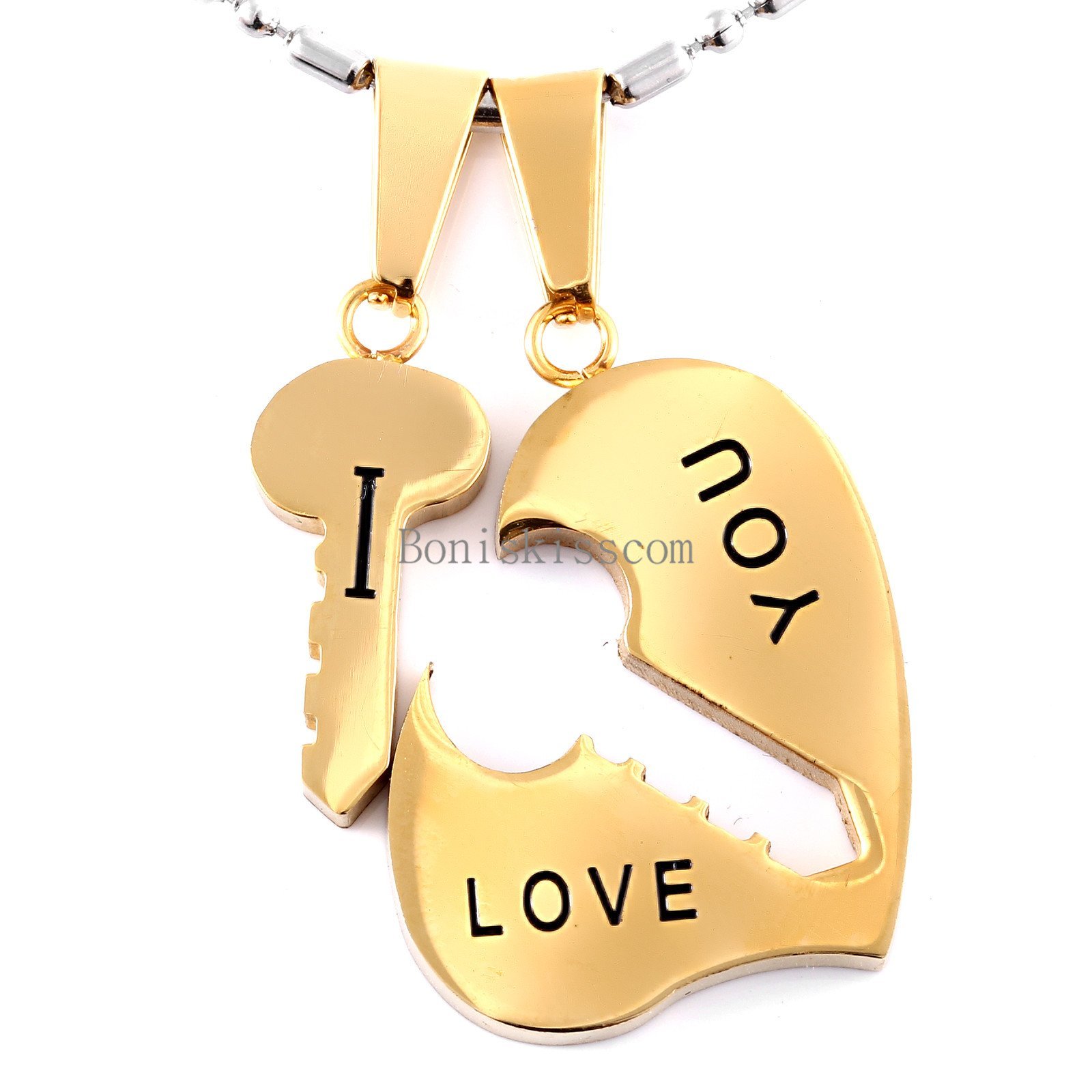 Stainless Steel Couples Key to Heart Pendants “I Love You” Love Necklace 1 Pair