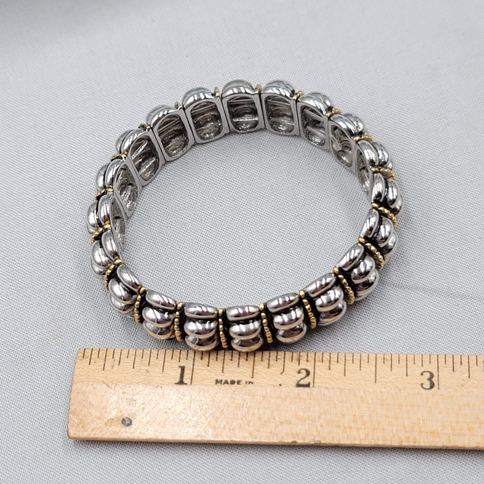 Two Toned Statement Bracelet Elastic Silver Plated Gold Plated 7″