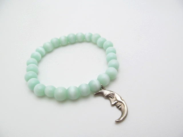 Mint Green Cats Eye Glass Round Ball 8mm Celestial Moon Tag Charm Bracelet
