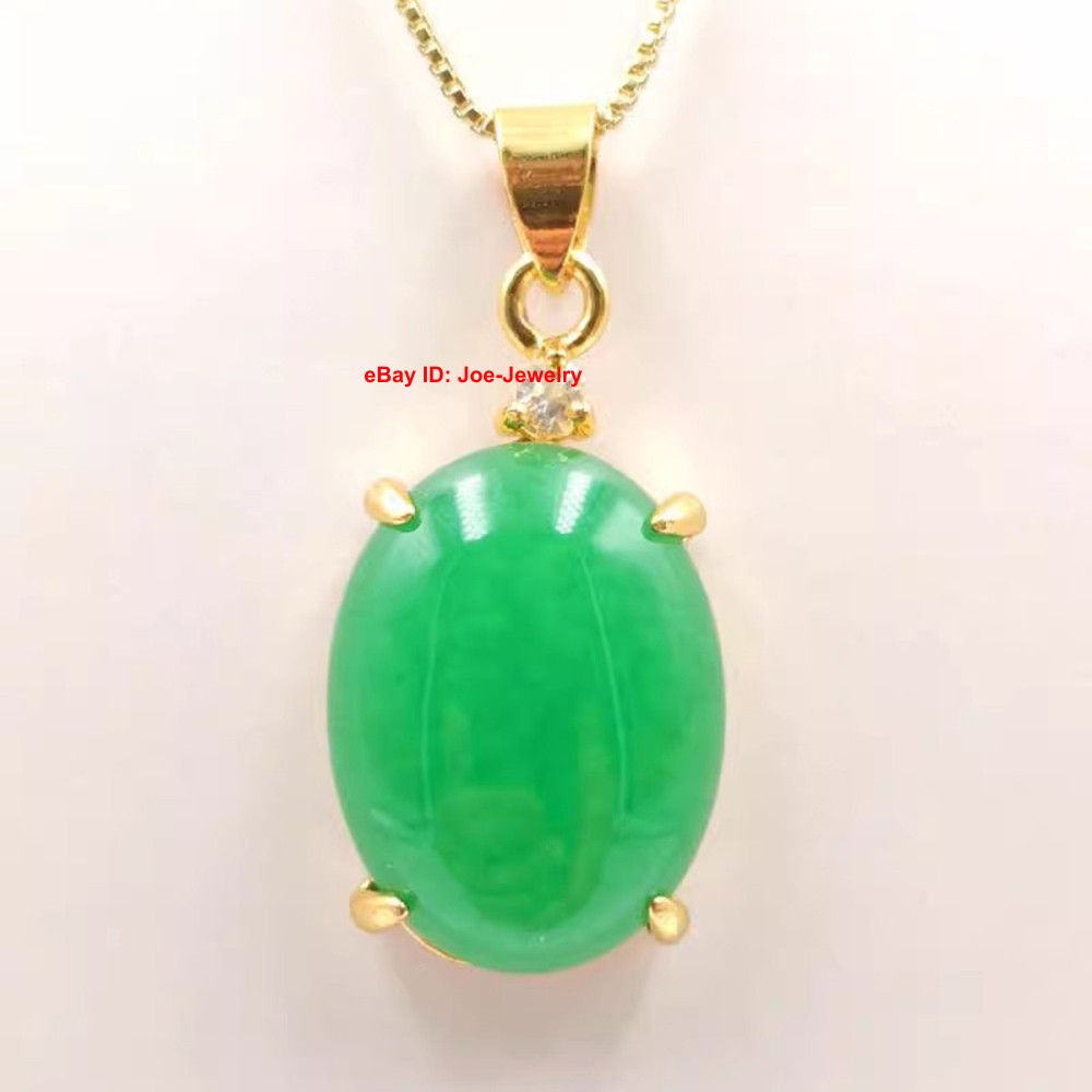 Yellow Plated Alloy Heated Oval Green Jade Pendant Vintage Chinese Style 33mm H