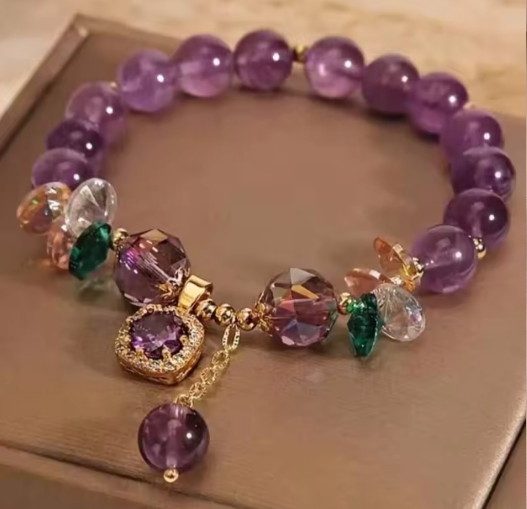 Purple Crystal Beaded Bracelet, Elegant Amethyst Charm Bracelet