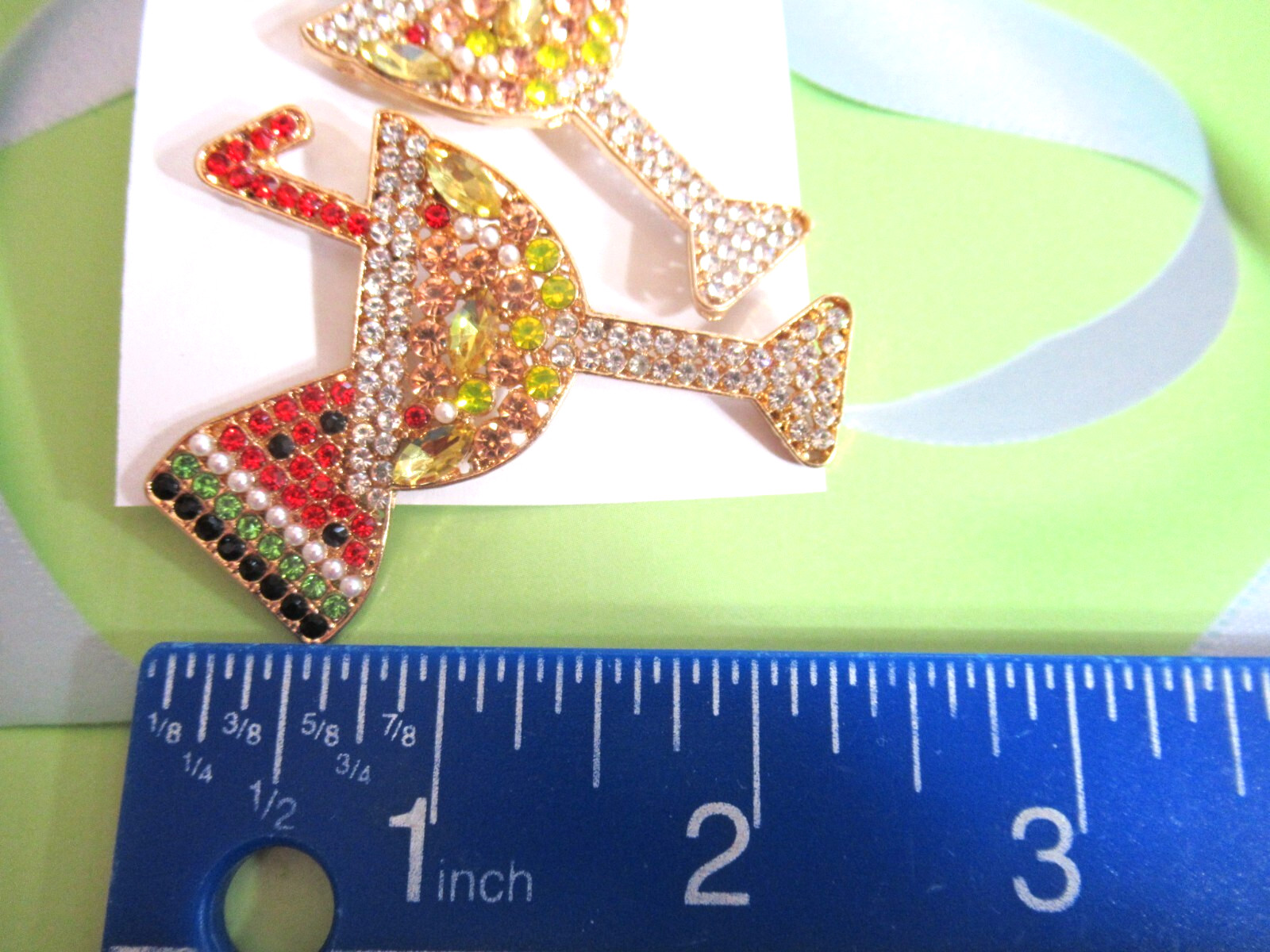BIG 2.50″ DRY MARTINI COCKTAIL FRUIT COCKTAIL AB RHINESTONE DANGLE EARRINGS
