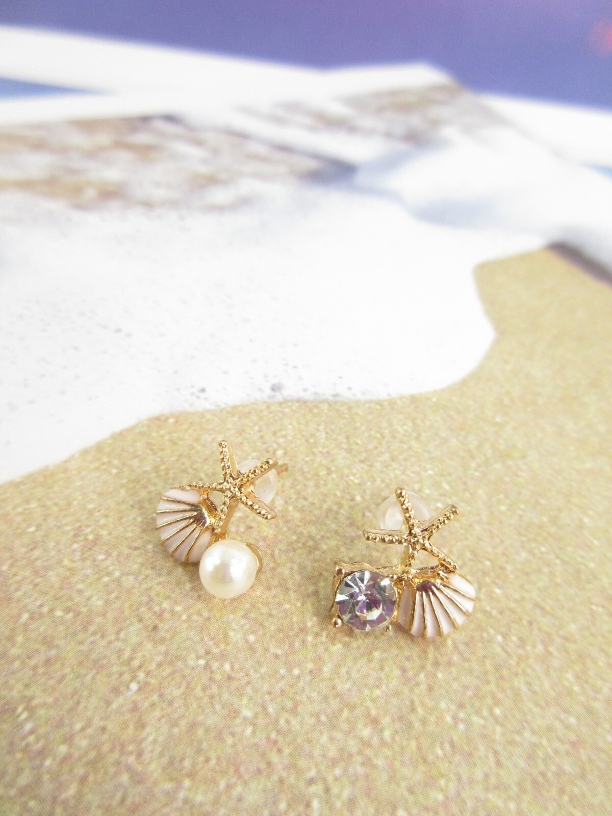Dainty Seashell Earrings Starfish Rhinestone Pearl Pierced Beach Jewelry Pretty
