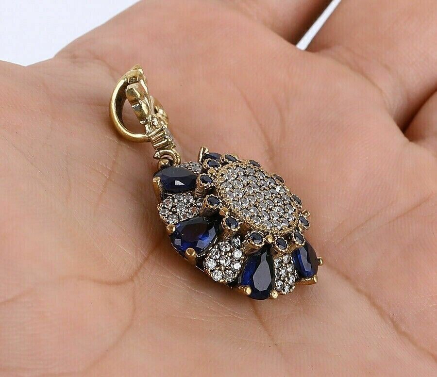 Round Simulated Blue Sapphire Pretty Flower Charm Pendant 14K Yellow Gold Plated