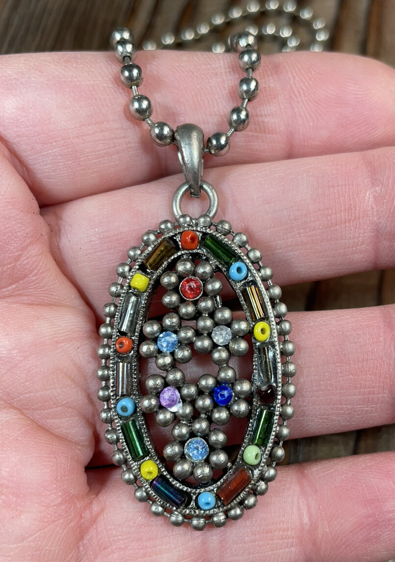 Multicolor colorful pendant necklace beaded , ball 30” chain Silver Tone