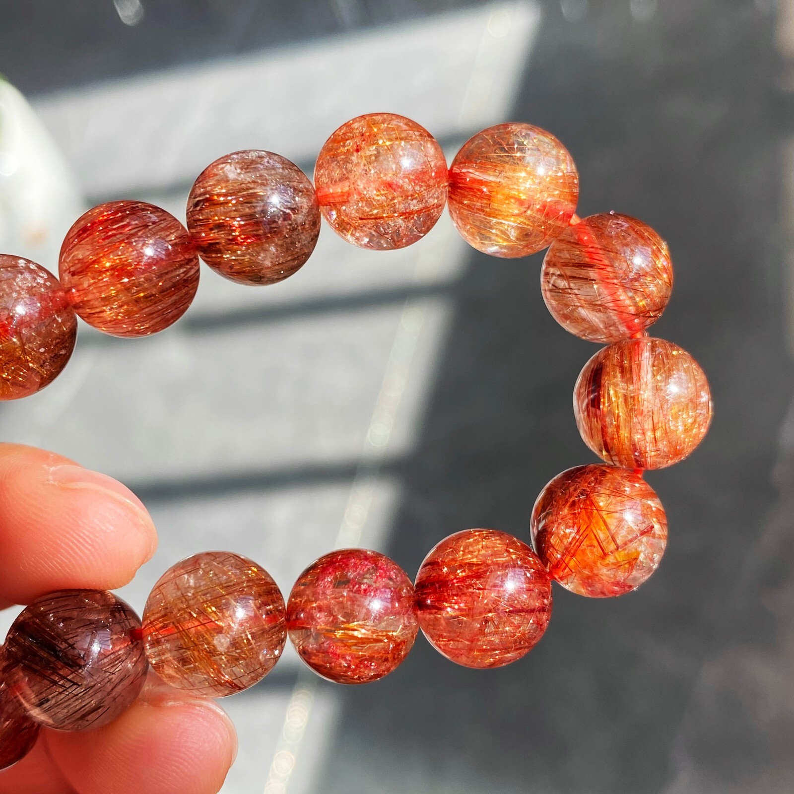 10.7-11.3mm Natural Copper Rutilated Quartz Crystal Stretch Beads Bracelet 17