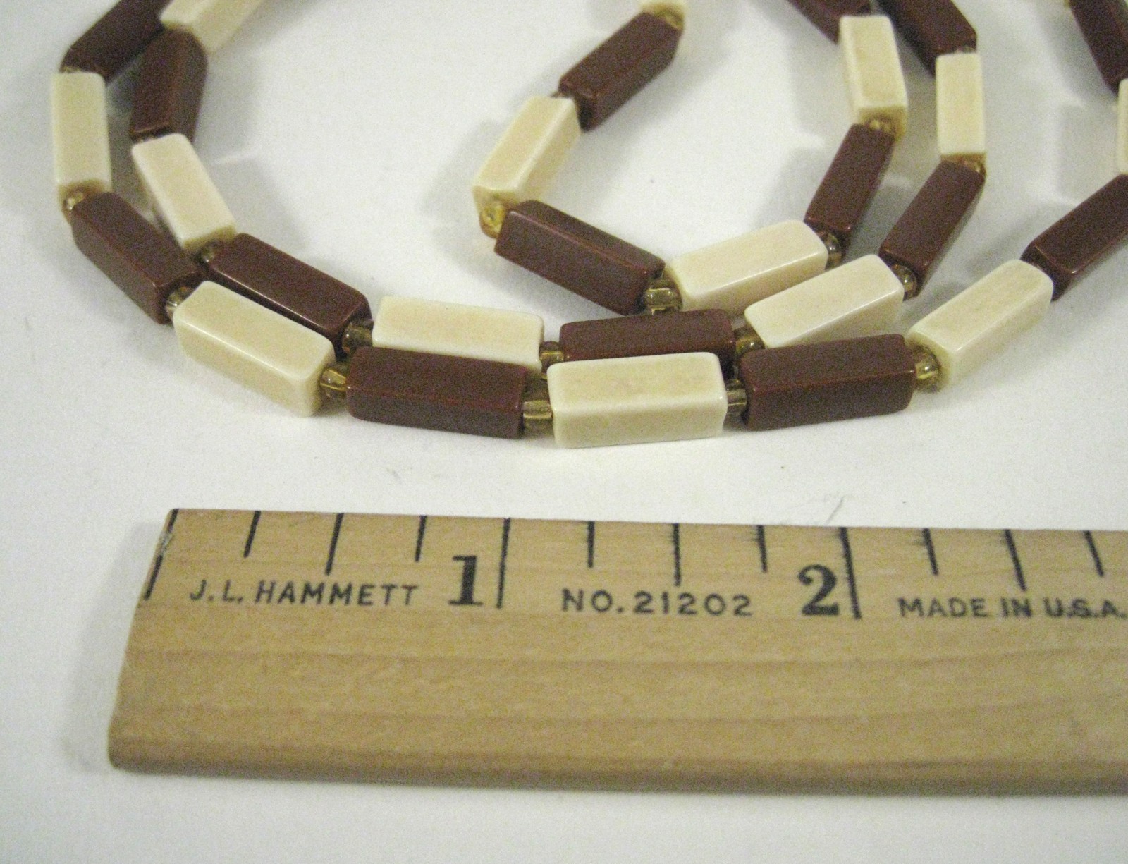 Necklace String Strand Brown Off White Size 31 Inches Rectangle Plastic Beaded
