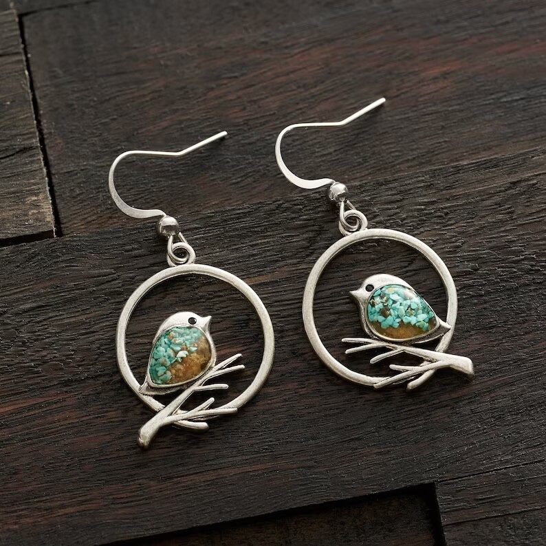 Beautiful Unique Bird Branch Earrings, Turquoise Sand Inlaid
