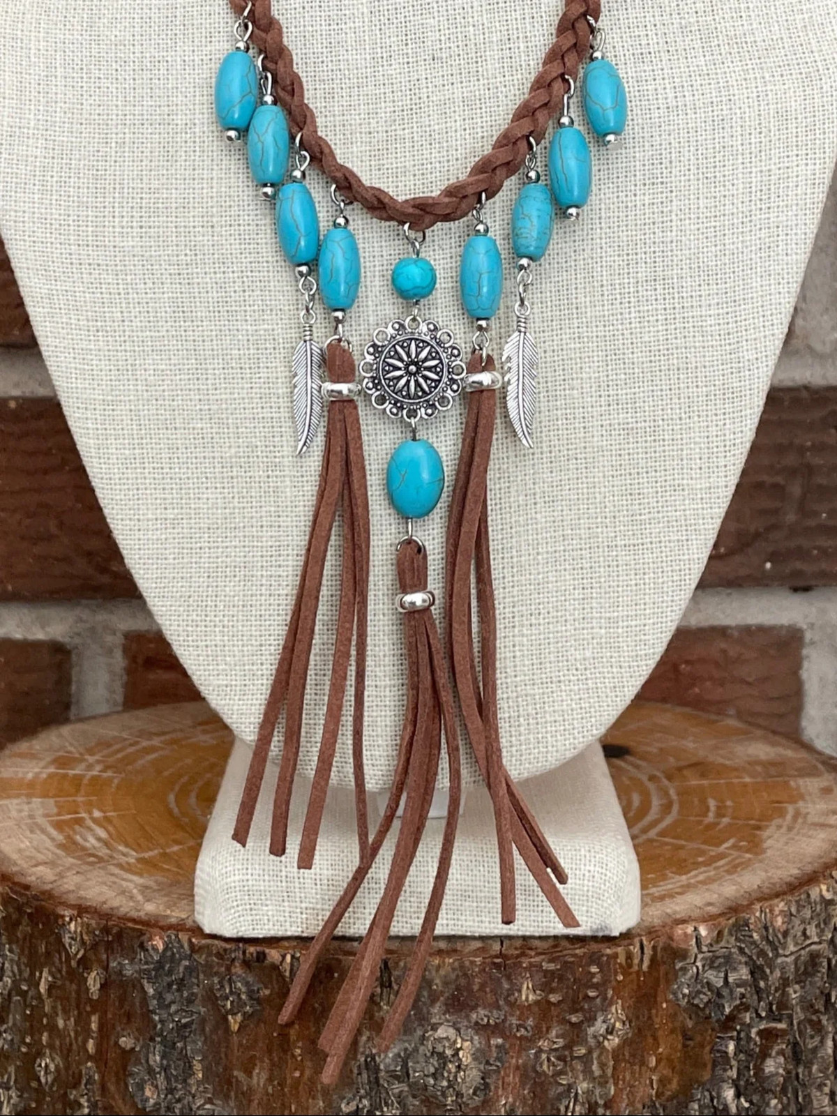 New Braided Faux Leather Fringe Statement Necklace Turquoise Silver Boho Western