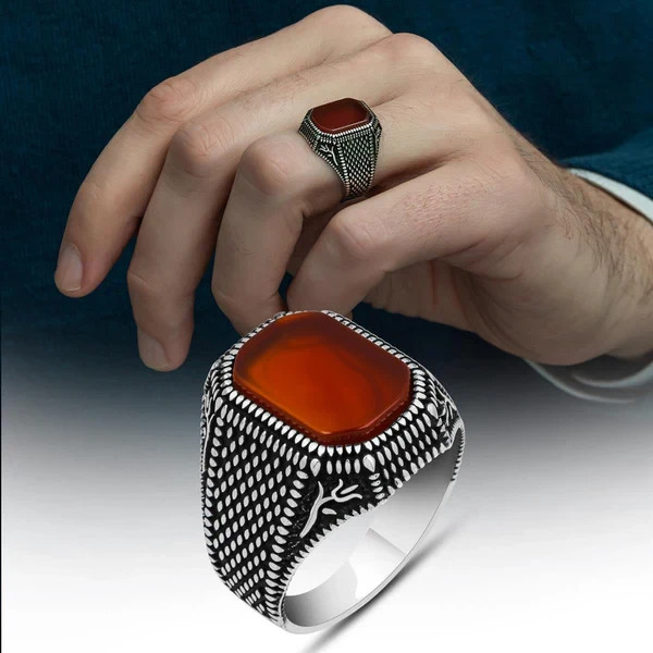 Turkish Handmade Agate Red Stone Tulip Patterned Silver Mens Ring Handmade Gift