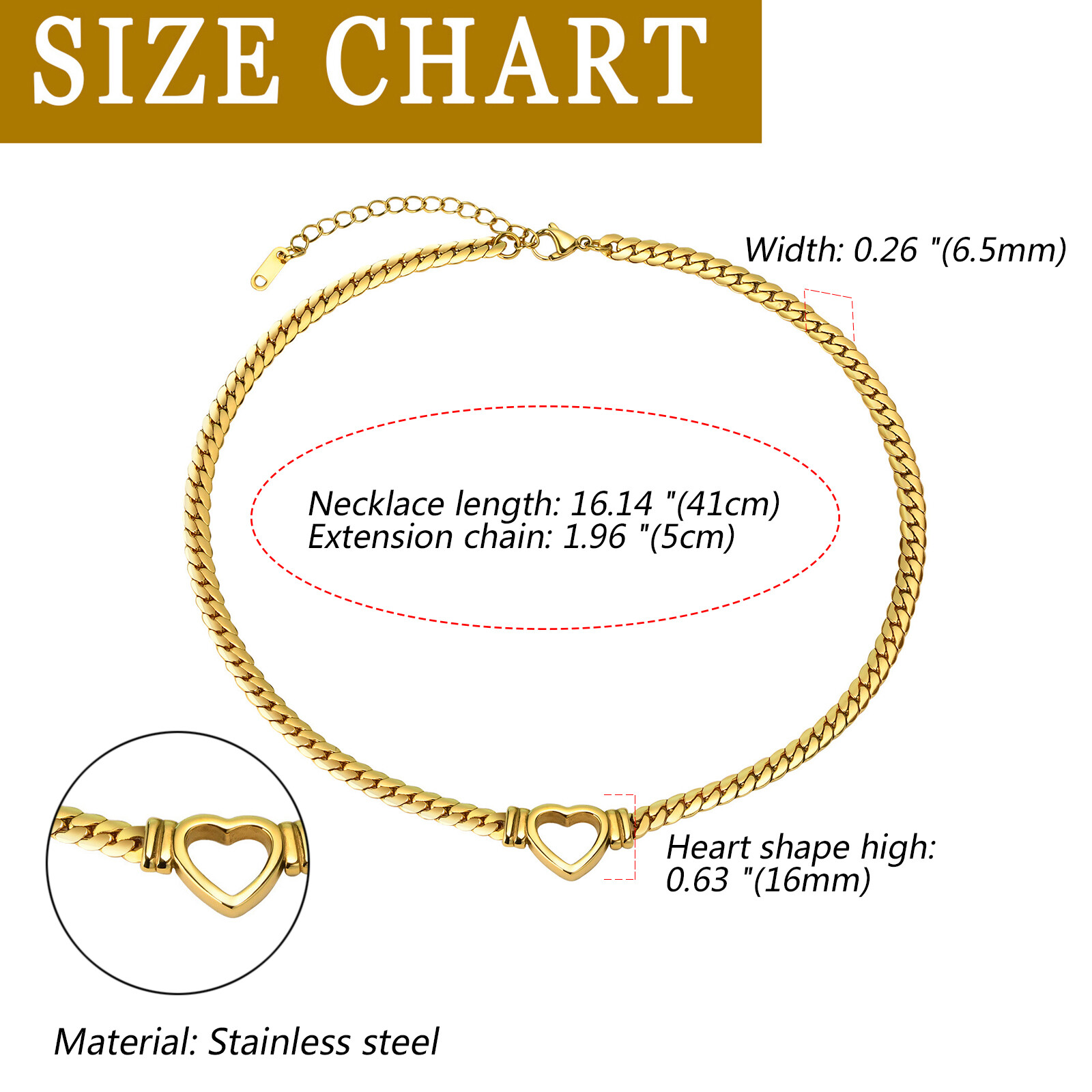 Women’s Girls Chunky Flat Cuban Link Chain Necklace Stainless Steel Heart Choker