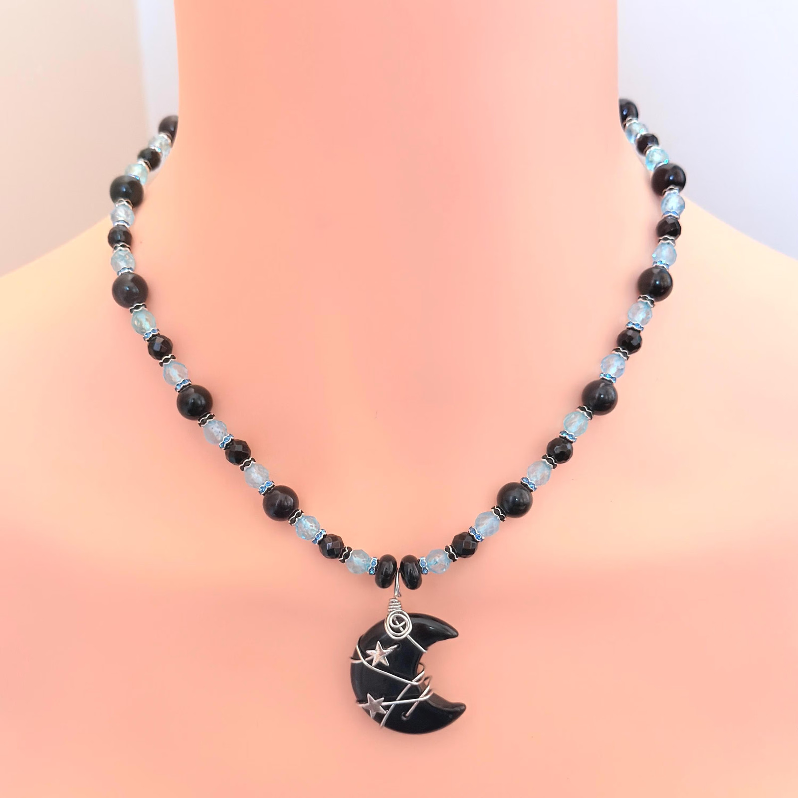 Crescent Stone Wire-Wrapped Pendant | Onyx and Topaz Gemstone Necklace