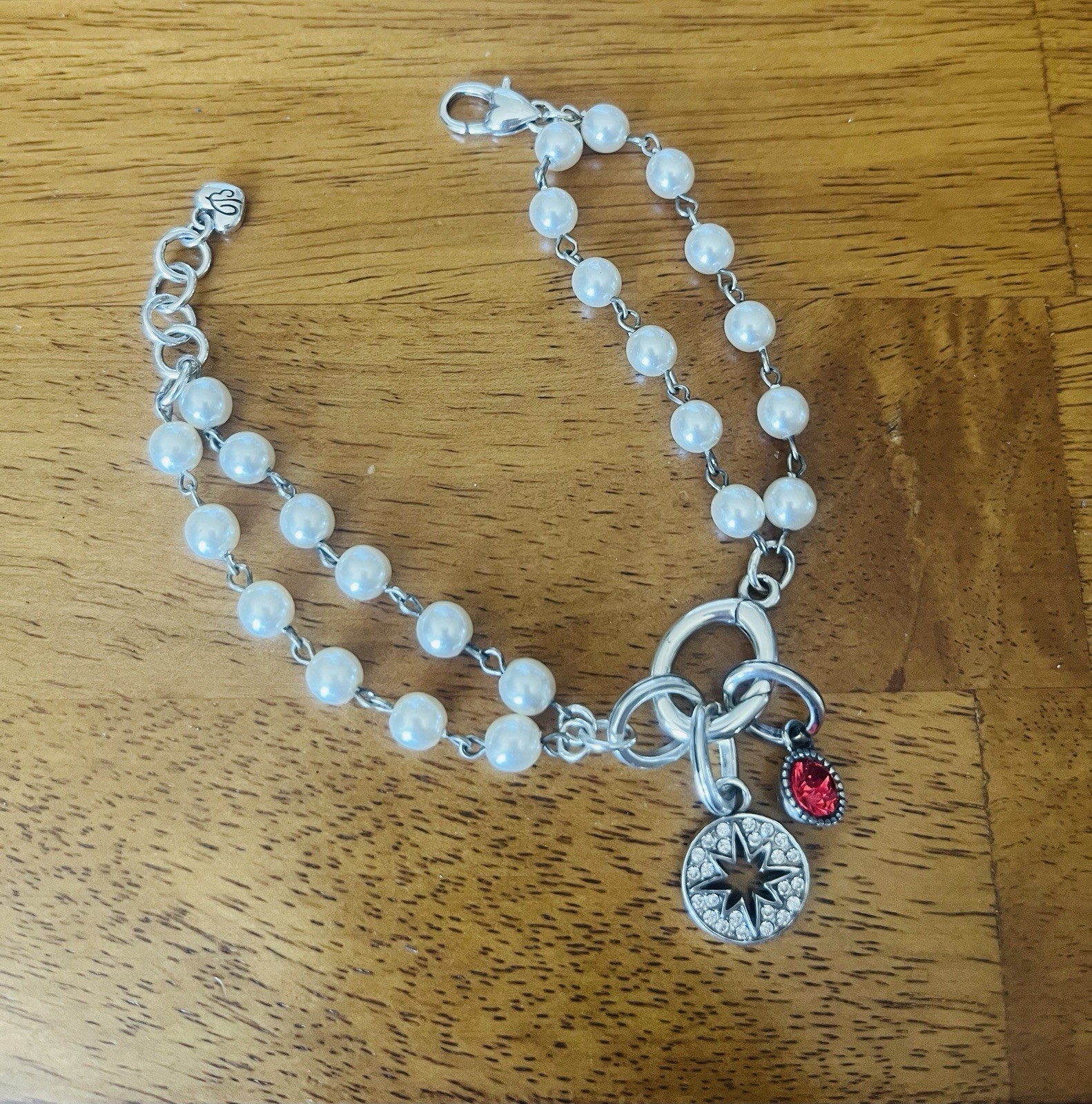 Brighton Double Pearl Strand Bead Rhinestone Charm Bracelet 8 Inch