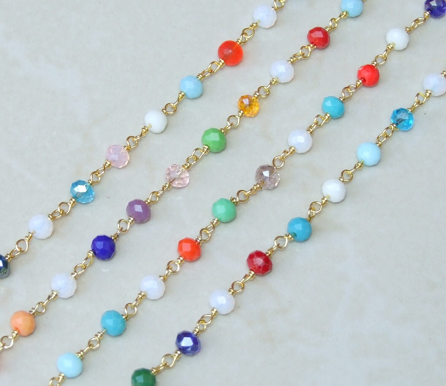 Multicolored Glass Rosary Chain, Bulk Chain, Rondelle Glass Beads, Beaded Chain