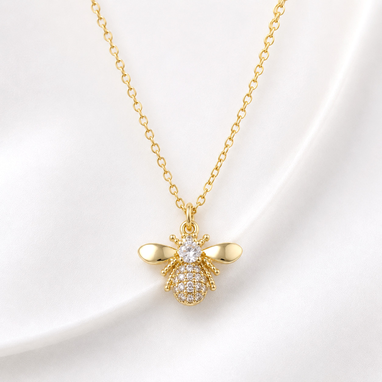 Gold Titanium Honey Bee Flying Bird Pave Cubic Zirconia Pendant Chain Necklace