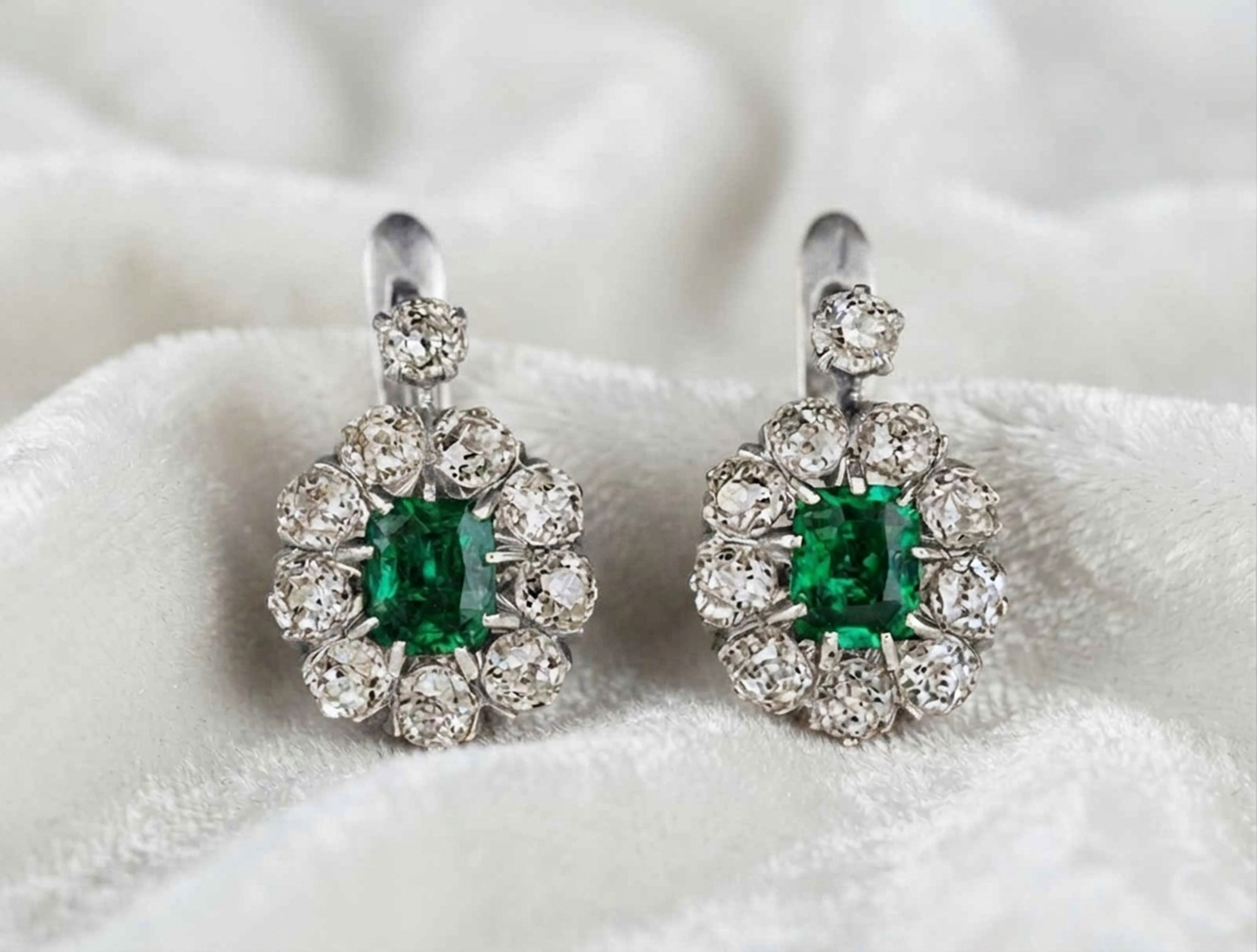 Green Cushion Cut Simulated Diamond 14K Gold Art Deco Halo Dangle Drop Earrings