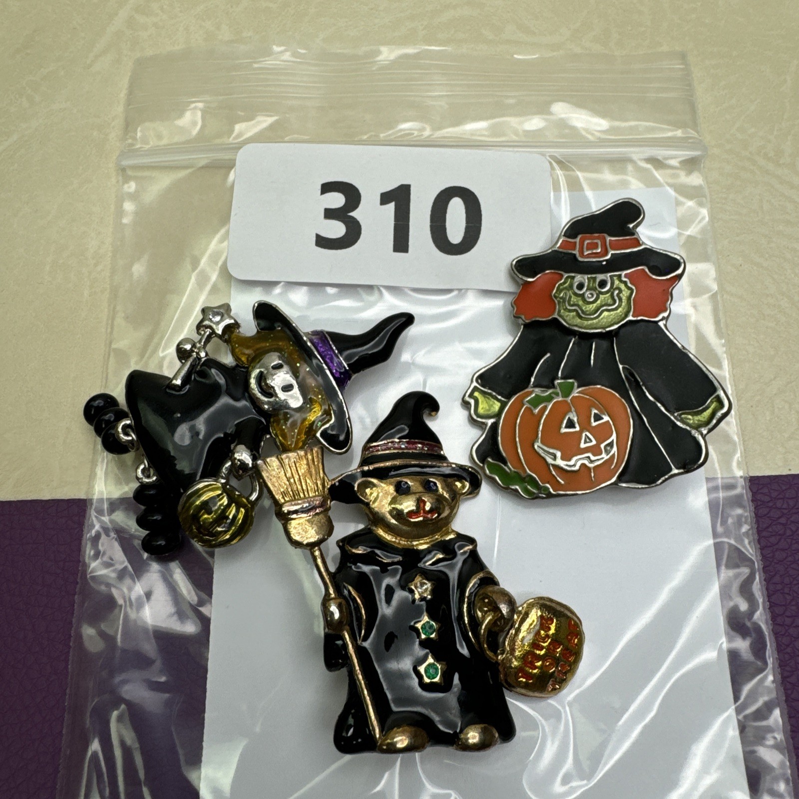 Halloween Witch Brooch Pins Lot of 3 Trick or Treat Bear Pumpkin Brook Enamel