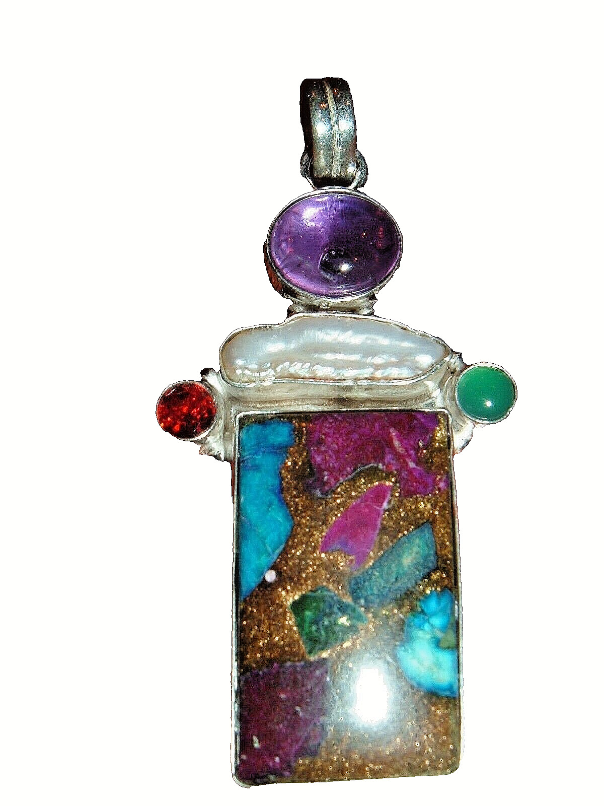 STERLING & GEMSTONE PENDANT OBLONG MULTI COLORED STONES